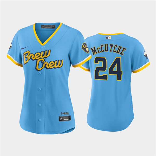 Women's Powder Blue Milwaukee Brewers #24 Andrew McCutchen 2022 City Connect Cool Base Stitched Jersey(Run Small)